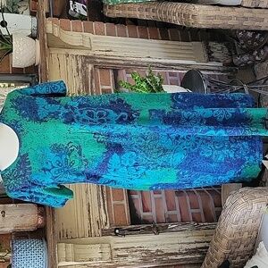 La Cera 100% Cotton Shirt Dress Boho Floral Print Dark Blue, Green Floral Sz S